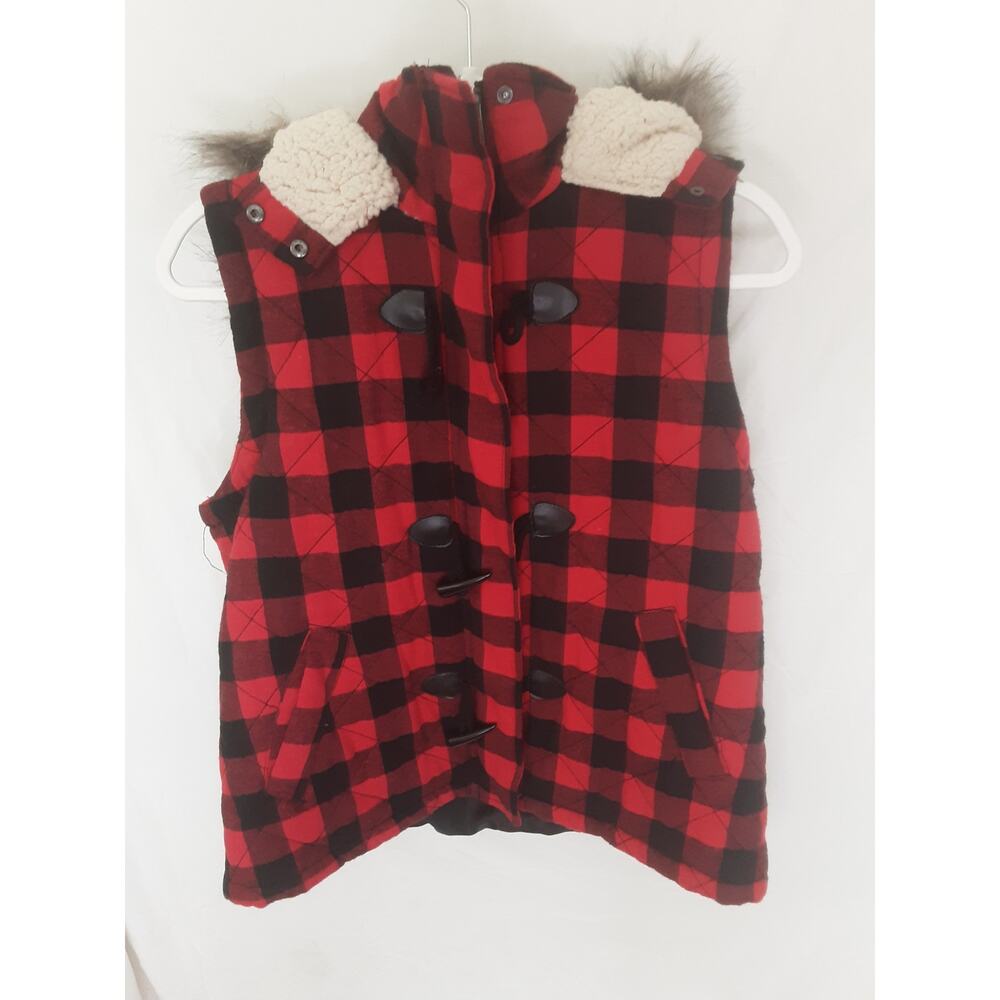 Mossimo‎ Supply Co Red Black Plaid Toggle Vest Sherpa Hood Faux Fur Trim XL